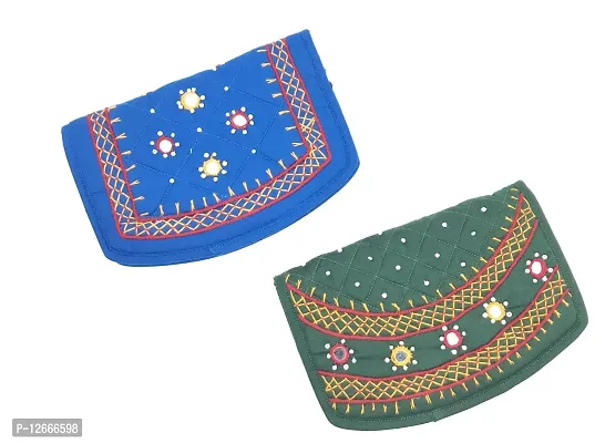 SriShopify Handicrafts Mini Women Wallets Combo for Ladies Trendy Pocket Pouch Banjara Original Mirror Work Money Wallet for Girls (6.5 inch Small Pouch Blue Olive Green Two Fold)