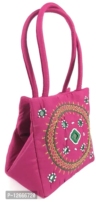 SriShopify Handicrafts Women?s Handbag Banjara Traditional Hobo Bag Purse Cotton handmade (Small, Mirror and Beads thread Work Handcraft Pouch, Pink and Green)-thumb0