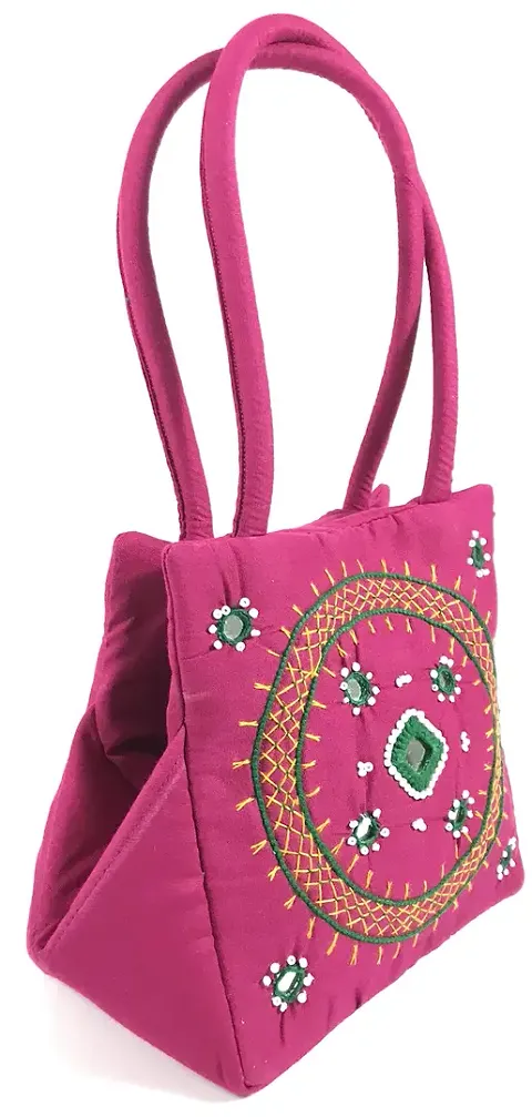SriShopify Handicrafts Women?s Handbag Banjara Traditional Hobo Bag Purse Cotton handmade (Small, Mirror and Beads thread Work Handcraft Pouch, Pink and Green)