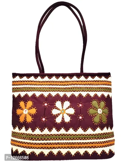 SriShopify Handcrafted Banjara embroidered handbags Aplic Mirror work Handbag for Women | Travel handbag | Zipper Tote Bag | ladies shoulder bags | Shopping Hand bag Medium brown handbags-thumb0