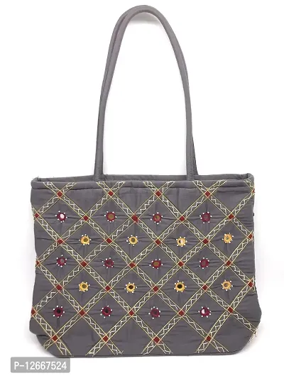 SriShopify Handicrafts Handbag for Women | Zipper Tote Bag | Hand Bag for Ladies Shopping Travel | Stylish Vintage Shoulder Bags for Women embroidered (30x40x10 Medium) Grey Silver