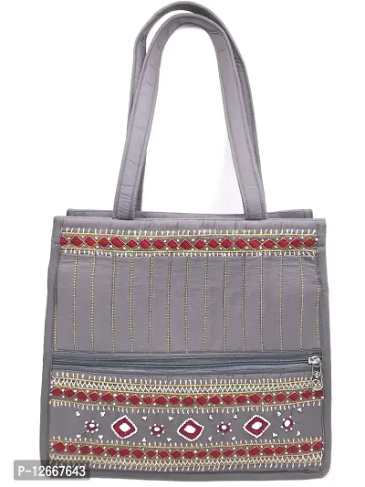 SriShopify Handicrafts Women's Handcrafted Embroidered Tote Bag Handbag for Bridal, Casual, Party, Wedding (Medium Size 12x13x6 inch Beads thread Work Mirror) Silver colour