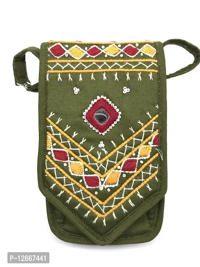 srishopify handicrafts Ladies Mobile Sling Bags Crossbody Bag For Women Zip Pockets Eco Friendly Side Wallet Phone Purse Girls Mehendi Green | 7x4 inch Embroidered