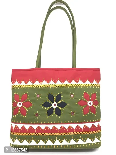 SriShopify Handcrafted Womenrsquo;s Tote Bag Bridal handbags for wedding Ethnic Designer Handle bag Olive Mehndi (30x40x10 cm original Mirror Work Stylish applique)