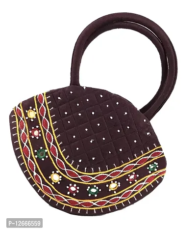 srishopify handicrafts Women Handbag MINI Handle Bag Banjara Traditional Hand Purse Cotton handmade (Small 6.5x9.5x3 Inch original Mirrors Beads and Thread Work Handcraft Pouch, Brown hand bag)-thumb0