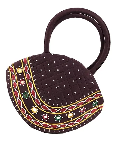 srishopify handicrafts Women Handbag MINI Handle Bag Banjara Traditional Hand Purse Cotton Handmade (Small 6.5x9.5 Inch Original Mirrors Beads Thread Work Pouch Hand Held Bag)