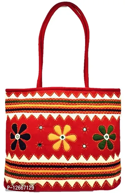 SriShopify Handicrafts Banjara Embroidered Hand Bags Mirror Aplic work Handbag for Women | handcrafted handbag Travel Zipper Tote Bag | ladies bags | Medium Shopping Hand bag Red shoulder bags-thumb0