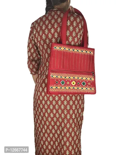 SriShopify Handicrafts Traditinoal Bridal handbags Hand Embroidery Tote Bag Handmade shoulder bag for women hand bags stylish Red Handbag (Size 12x13x5 inch Original Mirros and Beads)-thumb3