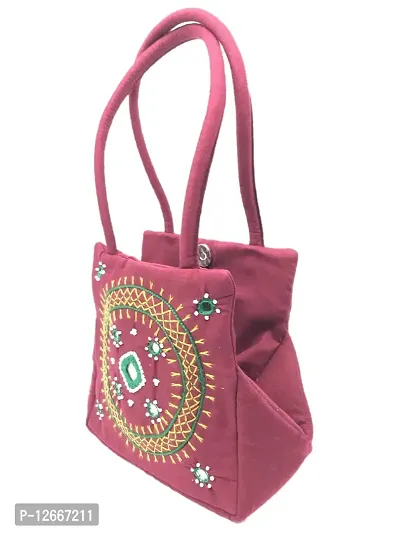 srishopify handicrafts Women's Handmade Original Thread Work Stylish Banjara Traditional Mini Small Handle Hand Bags (Maroon , 9x6x4 Inch)