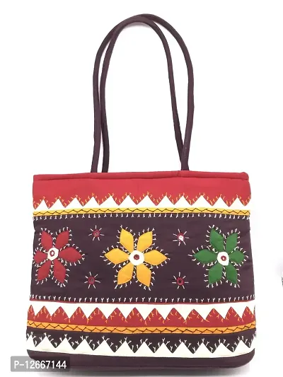 SriShopify Handicrafts Tote Bag for Women Shoulder Bags Handbags Banjara Traditional Cotton handmade bag with Zip Brown (30x40x10 cm Mirror Work Apliq Stylish) Coffee Red-thumb0