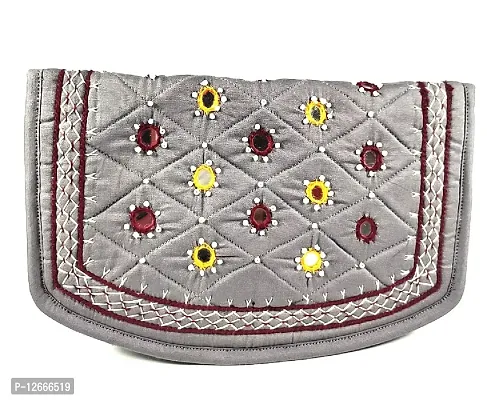 srishopify handicrafts Women?s Hand purse Banjara Traditional Clutches with phone pocket, Cotton handmade Hand Purse ladies wallet (Medium 8.5 Inch, Gray, Mirror, Beads and Thread Work Handcraft)-thumb5