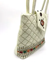 srishopify handicrafts Handheld MINI Hand Bag For Women Stylish Shopping Bag Handmade Cotton 7.5x.7x2.5 Inch White Colour (Needle Craft Original Beads Thread Work)-thumb4