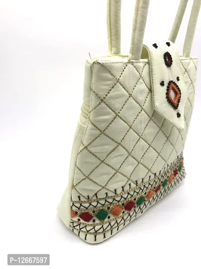 srishopify handicrafts Handheld MINI Hand Bag For Women Stylish Shopping Bag Handmade Cotton 7.5x.7x2.5 Inch White Colour (Needle Craft Original Beads Thread Work)-thumb5