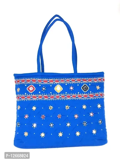 SriShopify Handmade Traditional Fabric Handbags for Women Embroidery Mirror Work Shoulder bags for Ladies (Medium 14x10x4 Inch Blue Tote)