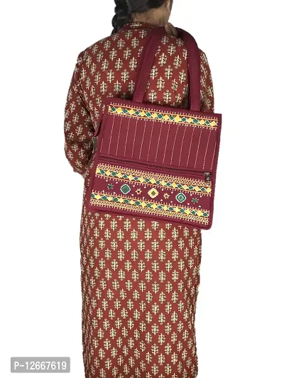 SriShopify Handcrafted Quilted Tote Shoulder Bag with Top Zipper, Inner Pocket Traditional Ethnic Stylish Premium handbags for Girls (big size handbag 12x13x5 inch Mirror Work) Marron bag-thumb2