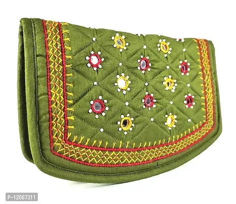 SriShopify Handicrafts Women?s Hand purse Banjara Traditional Clutches, Cotton handmade HandPurse ladies wallet (Medium 8.5 Inch, Mehandi Green, Mirror, Beads and Thread Work Handcraft)-thumb0