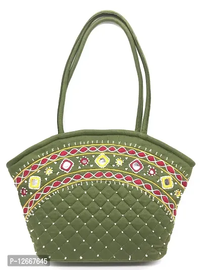 SriShopify Handicrafts Multicolored Hand Embroidered Cotton Tote Bag Ladies Designer jaipuri bags for women stylish (Medium Size9x13x3 inch) Mehandi Green