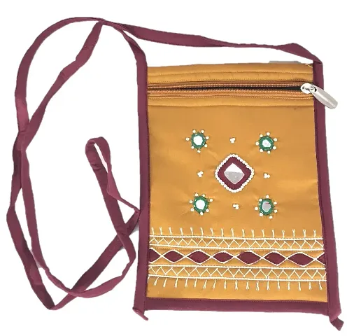 SriShopify Women Sling Bag Banjara Traditional Passport Bag Cotton handmade Pouch(Small, Mirror, Beads and Thread Work Handcraft Purse, Mustard yellow)