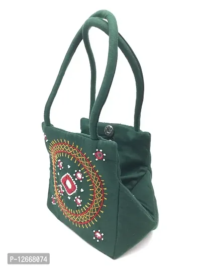 srishopify handicrafts Small Traditional Arts And Crafts mirror work hobo hand bag for women- Green Color (9x7x3 Inch Original needle craft Thread Work)-thumb0