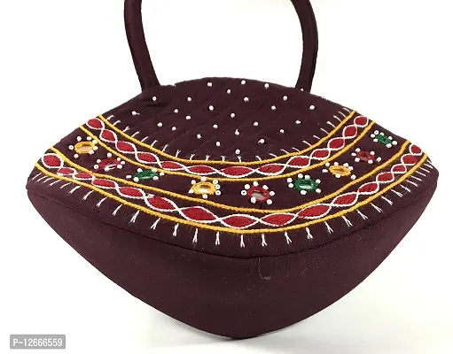 srishopify handicrafts Women Handbag MINI Handle Bag Banjara Traditional Hand Purse Cotton handmade (Small 6.5x9.5x3 Inch original Mirrors Beads and Thread Work Handcraft Pouch, Brown hand bag)-thumb4