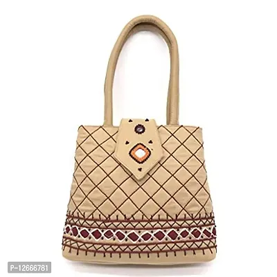srishopify handicrafts MINI Hand Carry Bags for Women Stylish Banjara Handmade Rajasthani Traditional Small Handle Bag Purse 8.5x.7x2.5 Inch | Beads Thread Work Pouch Tan Beige