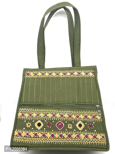 SriShopify Handicrafts Multicolored Hand Embroidered Cotton Tote Bag Ladies Designer jaipuri bags for women stylish (Medium Size 12x13x5 inch Beads thread Mirror work) Mehandi Green