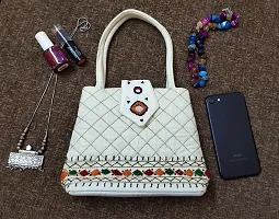 srishopify handicrafts Handheld MINI Hand Bag For Women Stylish Shopping Bag Handmade Cotton 7.5x.7x2.5 Inch White Colour (Needle Craft Original Beads Thread Work)-thumb2