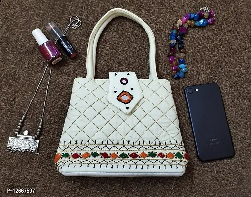 srishopify handicrafts Handheld MINI Hand Bag For Women Stylish Shopping Bag Handmade Cotton 7.5x.7x2.5 Inch White Colour (Needle Craft Original Beads Thread Work)-thumb3