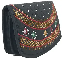 SriShopify Handicrafts Mini Hand Purse for Women Trendy Pocket Pouch Banjara Original Mirror Work Money Wallet for Girls (6.5 inch Small Pouch Black Two Fold Handmade Thread Work)-thumb4