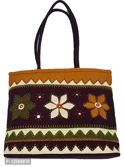 SriShopify Womenrsquo;s Handbag Banjara Traditional Basket Aplic Bag Tote Bag Cotton handmade (Large, Mirror Beads and Thread Work Handcraft, Maroon and Mustard)