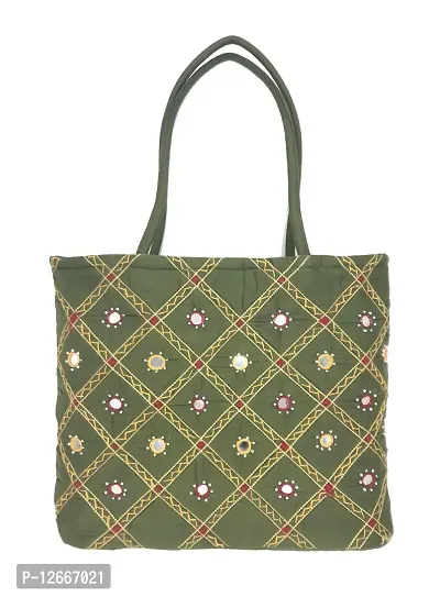 SriShopify Handcrafted Womenrsquo;s Handbag Travel Shoulder bag Traditional Tote bag Cotton handmade wedding gifts for marriage birthday (30x40x10 Medium size) (mehandi green hand bag for women)