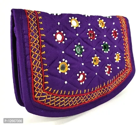 srishopify handicrafts Ladies Clutches with phone pocket, Banjara Traditional Hand purse, Cotton handmade wallet original Mirror work, Beads, Thread Work (Medium 8.5 Inch, Violet purple wallet)