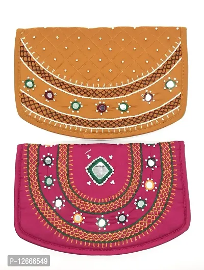 SriShopify Handicrafts Mobile Pocket Purse for women stylish trendy pouch banjara original mirror work money Purse for girls (8.5 inch Party pouch Pink Mustard Colour Two Fold Handmade)-thumb0