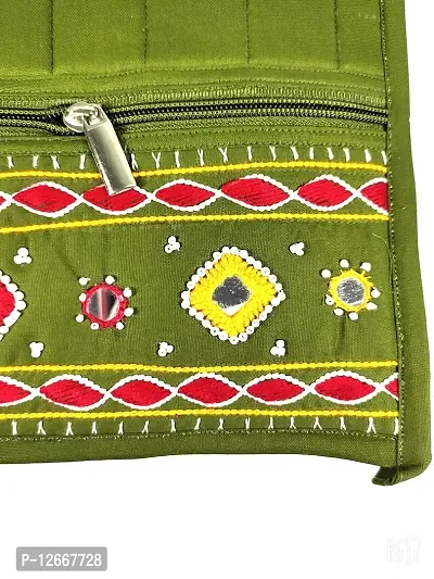 SriShopify Handicrafts Women Sling Bags Stylish, Handmade crossbody bag for girls (Medium, Beads, Thread and Mirror Work 13 inch Rajasthani sling bags, Mehandi Green)-thumb2