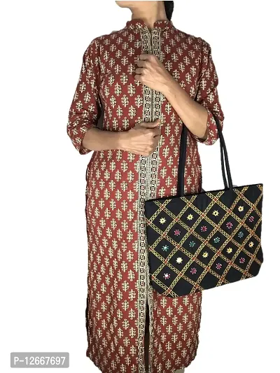 SriShopify Handcrafted Women's Hand Made Traditional Tote Shoulder Bag for Party Wedding Rakhi Gift (30x40x10 cm original Mirror Work applique work Stylish)-thumb4