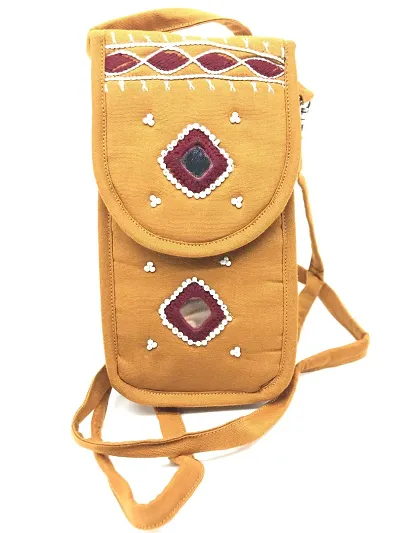SriShopify Women Sling Smart Mobile Pouch Banjara Traditional Side Purse Bag Cotton handmade Pouch(Small, Mirror, Beads and Thread Work Handcraft Purse, Mustartd Yellow)
