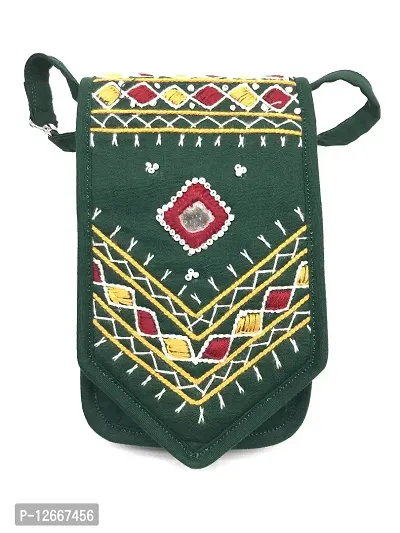 srishopify handicrafts Women's Hand Embroidery Original Mirror work Small sling bags [Green, 7x4x1 inch]