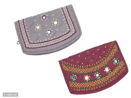 SriShopify Handicrafts Mini Women Wallets Combo for Ladies | Women Gift Items for Birthday Special | rakshabandhan Gifts for Sister Latest (6.5 inch Small Pouch Grey Maroon Two Fold)-thumb0