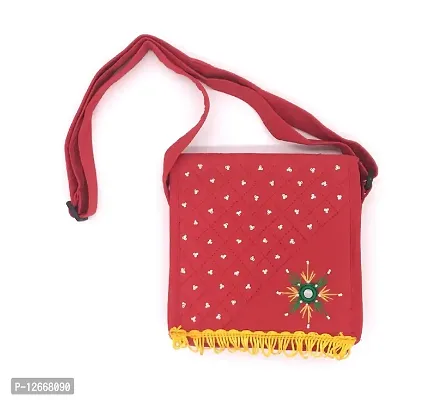 srishopify handicrafts Women's Sling Bag Handmade Bags for Females - Cotton Embroidered Fabric, Lightweight and Durable Kitty Party Return Gifts 7 Inch Red-thumb4