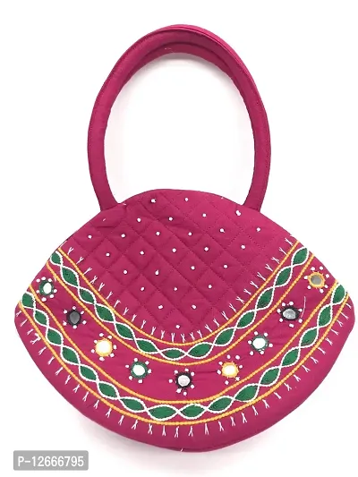 srishopify handicrafts Mini Traditional Hand Bags For Women Stylish Design Small Cotton Handmade Pink Bag 9.5x6.5x3.5 Inch (Original Beads Mirror Work)-thumb0