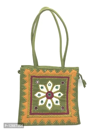 SriShopify Handicrafts Applique Handmade Women's Handbag in Premium Multicolour Shoulder Bag Girls Multipurpose hand bag for women mehandi green Olive  Yellow Size 25x25x9 cm