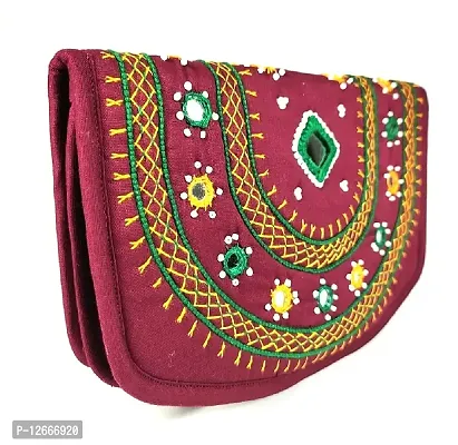 srishopify handicrafts Ladies Hand purse Banjara clutch, Cotton handmade ladies wallet (Medium 9 Inch, Maroon, Mirror Work, Beads and Thread)