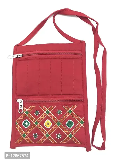 srishopify handicrafts Handmade Passport bag for women phone sling bag for girls Handcrafted marriage gift for friend wedding (Medium 11x7.5 inch Mirror Work embroidered) Red Colour