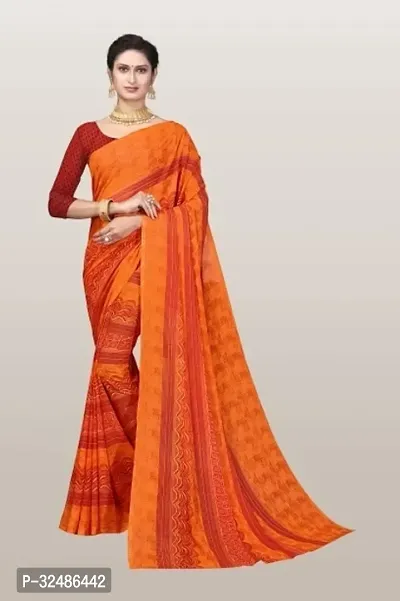 Beautiful Georgette Orange Printed Saree With Blouse Piece For Women