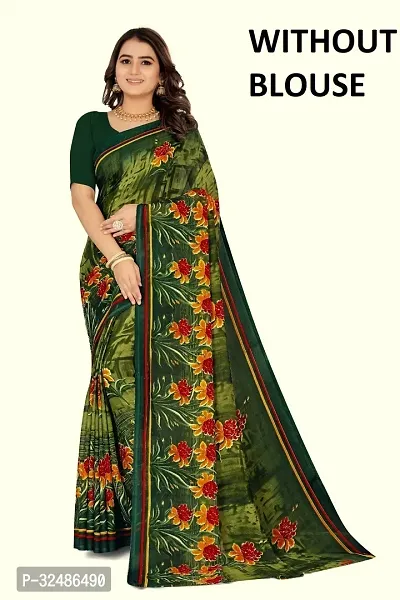 Beautiful Georgette Green Printed Saree Without Blouse Piece For Women