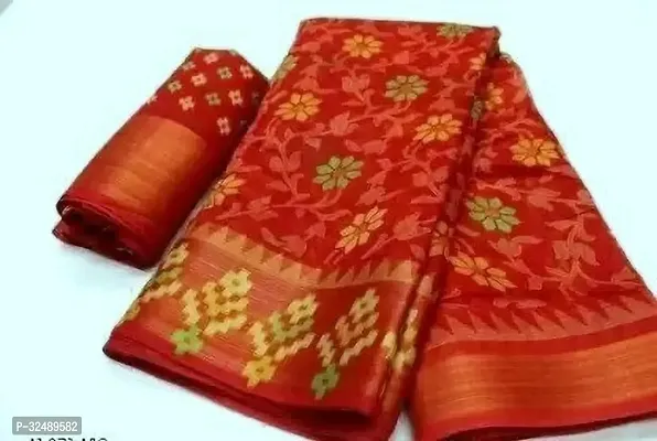 Beautiful Cotton Silk Red Printed  Saree with Blouse piece For Women