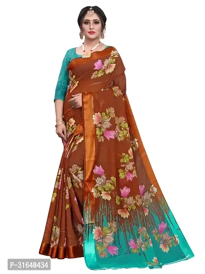 Elegant Brown Cotton Blend Saree with Blouse piece For Women-thumb0