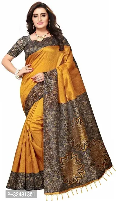 Elegant Yellow Silk Blend Saree with Blouse piece For Women-thumb0