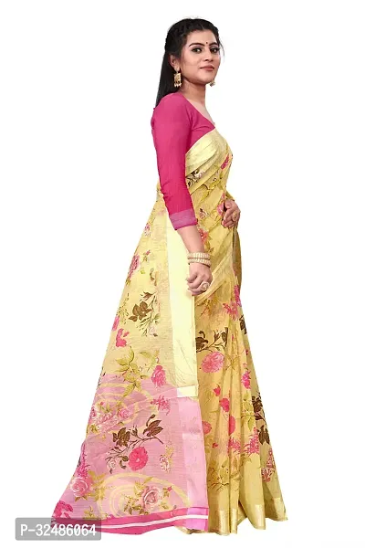 Elegant Beige Cotton Linen Printed Saree With Blouse Piece For Women Pack Of 1-thumb3