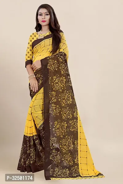 Stylish Yellow Georgette Printed Saree with Blouse piece For Women-thumb0